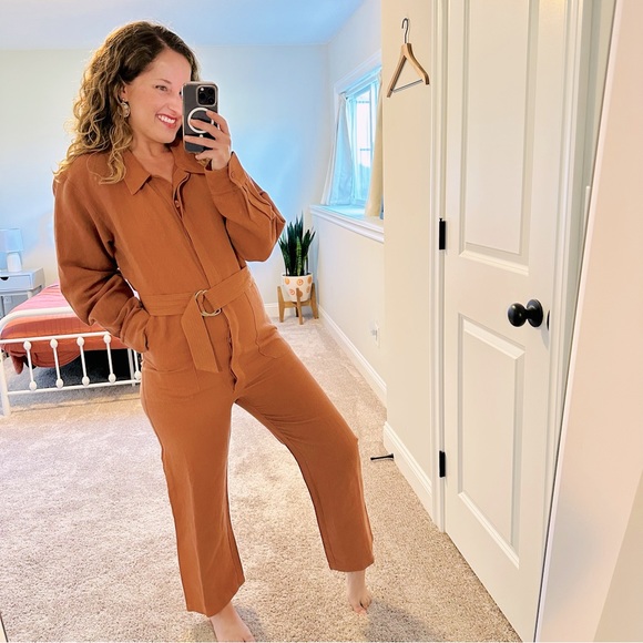 Able Pants - ABLE Terracotta Burnt Orange Neutral Linen One Piece Belted Jumpsuit Small